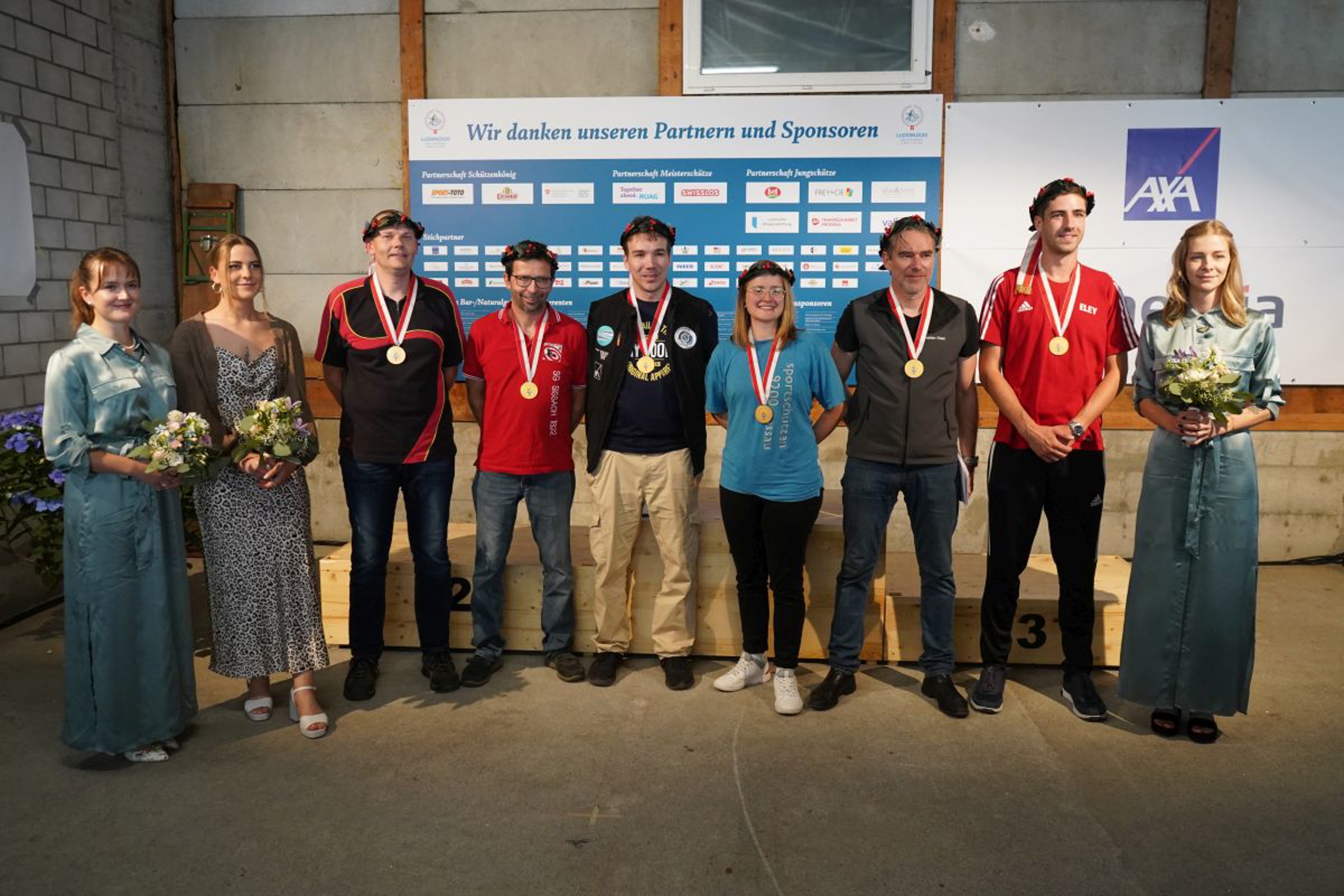 Die Schützenkönige: Dieter Grossen (Pistole 50m), Roger Itin (Gewehr 300m Feld A), Norbert Caviezel (Gewehr 300m Feld D), Franziska Stark (Gewehr 50m), Frédéric Grand (Gewehr 300m Feld E) und Christian Klauenbösch (Pistole 25m).