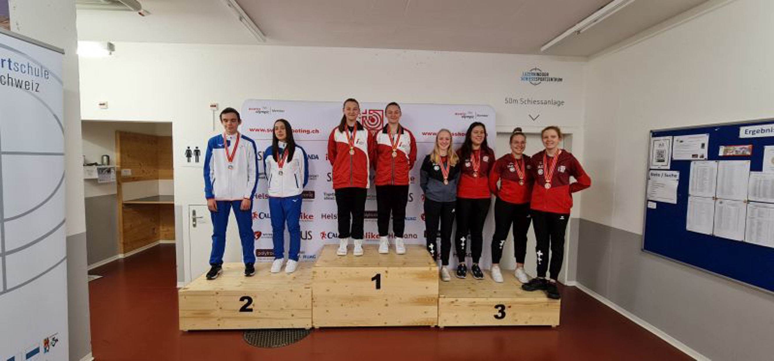 Gewehr 10m Mixed Team Junioren: Emely Jäggi/Vivien Jäggi (1. Platz), Alexandre Foret/Lou Giretti (2. Platz), Jennifer Kocher/Audrey Goy und Audrey Gogniat/Larissa Donatiello (3. Platz).