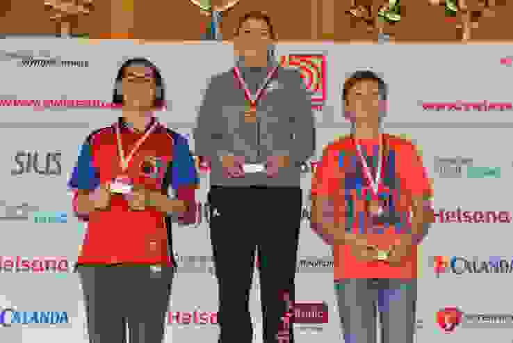 2019-03-17_Jugendfinal-Pistole_U15C_Podest_002.JPG Das Siegertrio in der Kategorie U15C (von links): Salome Schiegg (2.), Siegerin Svenja Bardill und Mike Püntener (3.).