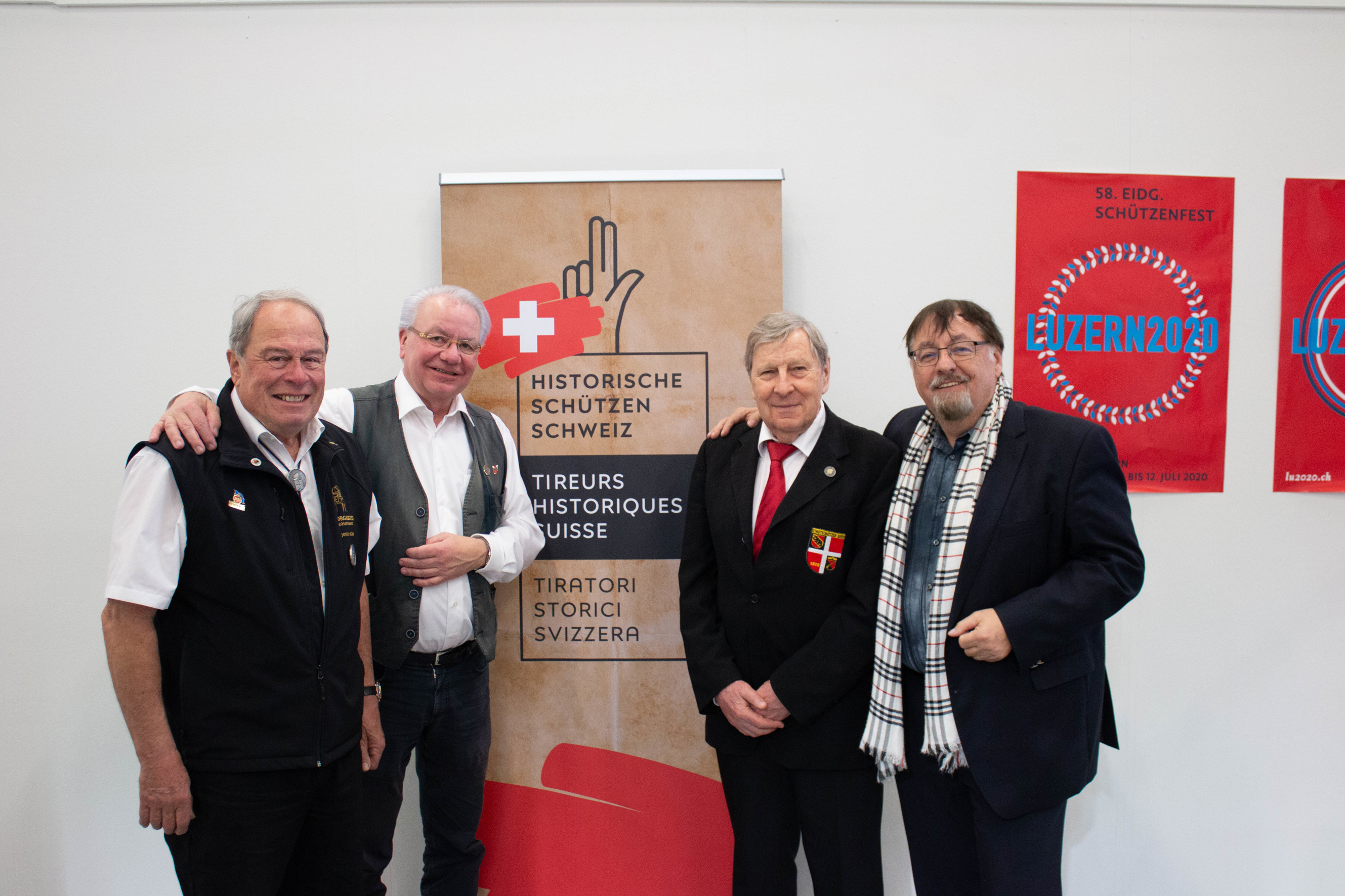 V.l.n.r:  John R. Hüssy (Vorstandsmitglied / Historische Schützen und Vizepräsident / Morgartenkommission), Paul Röthlisberger (SSV Vorstand), Dr. Ueli Augsburger (Präsident / Historische Schützen), Ruedi Lehmann (Medien & Kommunikation / Historische Schützen).