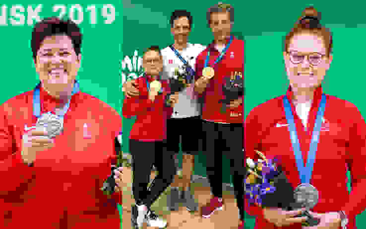 Medaillengewinner.jpg Drei Medaillen für die Schweiz (von links): Heidi Diethelm Gerber (Silber, Sportpistole 25m), Nina Christen und Jan Lochbihler (Gold, Gewehr 50m liegend Mixed) sowie nochmals Nina Christen (Silber, Gewehr 10m).