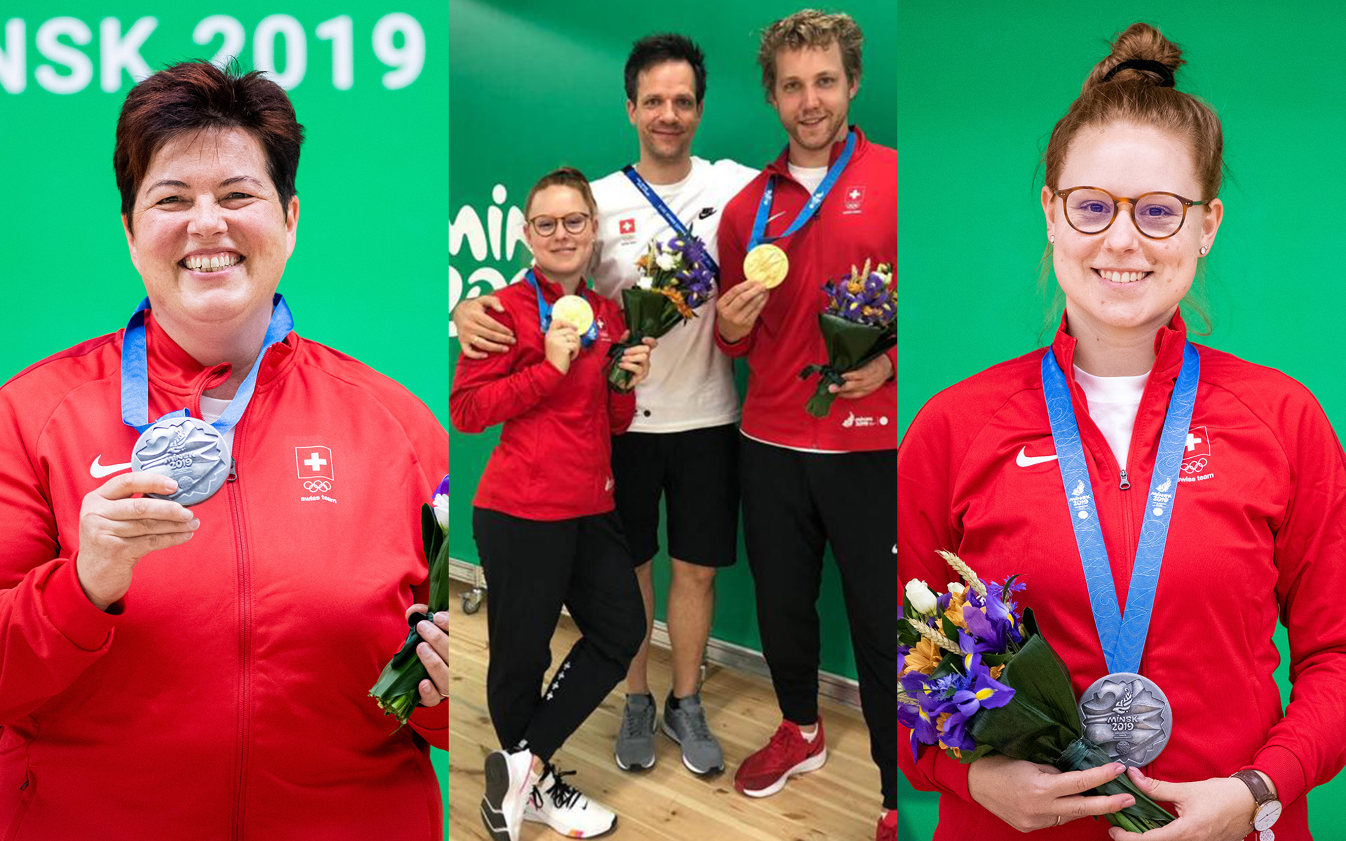 Drei Medaillen für die Schweiz (von links): Heidi Diethelm Gerber (Silber, Sportpistole 25m), Nina Christen und Jan Lochbihler (Gold, Gewehr 50m liegend Mixed) sowie nochmals Nina Christen (Silber, Gewehr 10m).